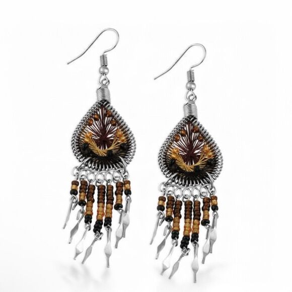 Peruvian Brown Silk Thread Beaded Dangle Earrings New - Picture 4 of 4